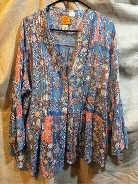 Rusty Blue & Coral Floral Patchwork Button-Front Blouse